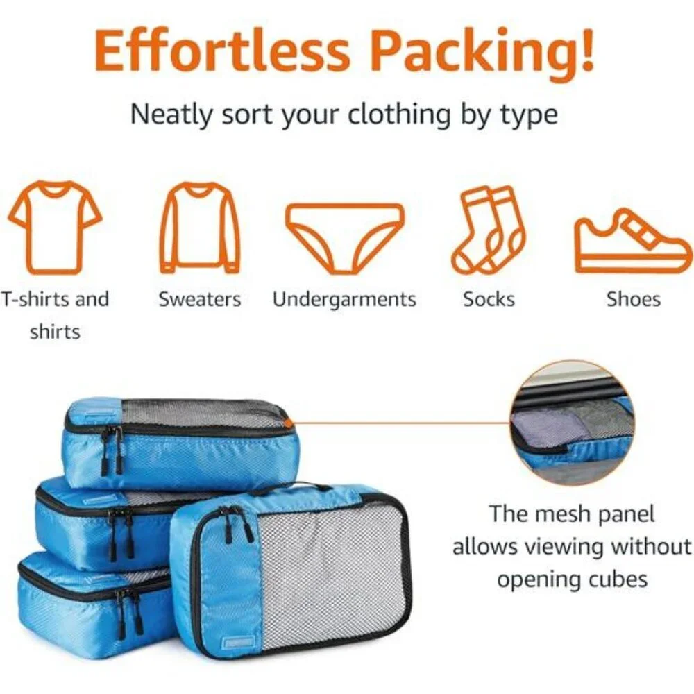 Sky blue packing cubes set of 4 travel organizers lightweight polyester luggage